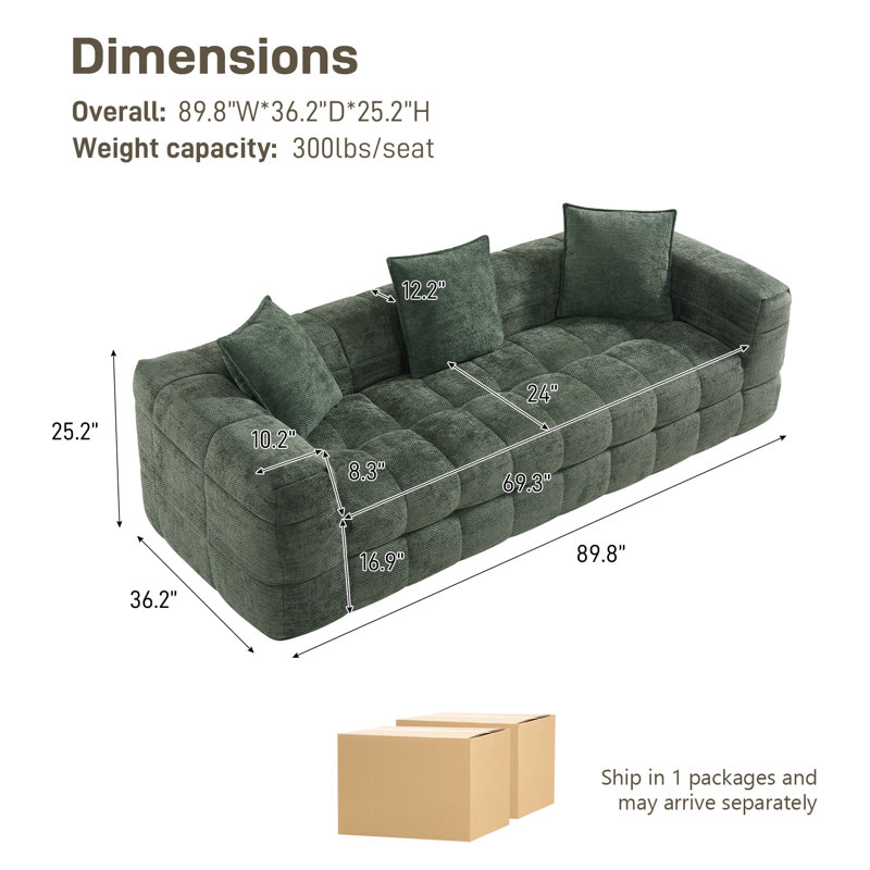 Canapé capitonné à compression 89,8 po avec oreillers Boneless, Vert