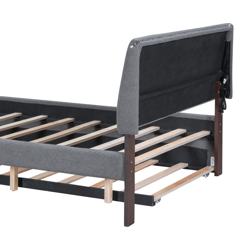 Lit plateforme tapissier Sable Teddy, Gris, Lit double
