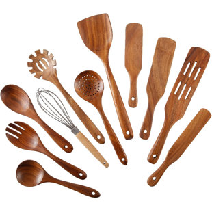 11-Piece Teak Wooden Kitchen Utensil Set For Cooking, Heat-Resistant & Scratch-Proof Wooden Spoons, Spatulas, And Spurtles For Non-Stick Cookware