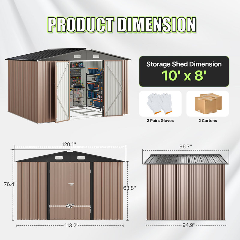10 Ft. W X 8 Ft. D Metal Storage Shed With Metal Base Frame Kit, Brown, 10' W x 8' D