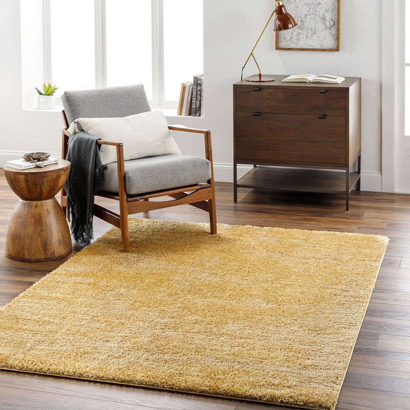 Yellow Modern Shaggy Rug, Plain Easy to Clean Rug For Living Room, Dining Room, Bedroom, Kitchen, Rectangle 120 x 170 cm