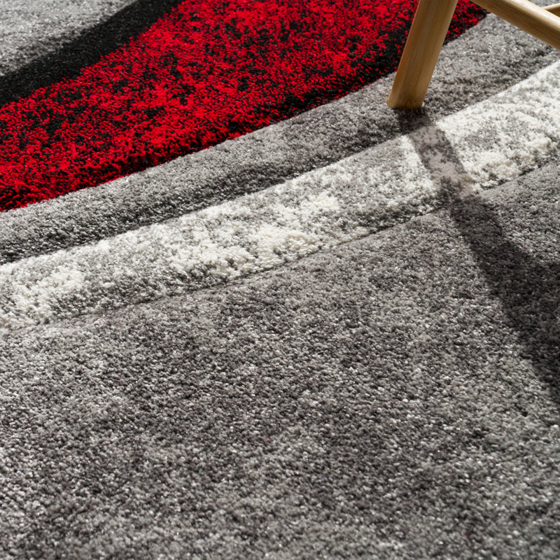 Large Gray and Red Abstract Rectangular Area Rug