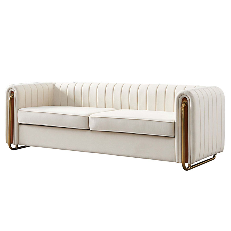 Keeshaun 84.25'' Round Arms Sofa, Beige Velvet