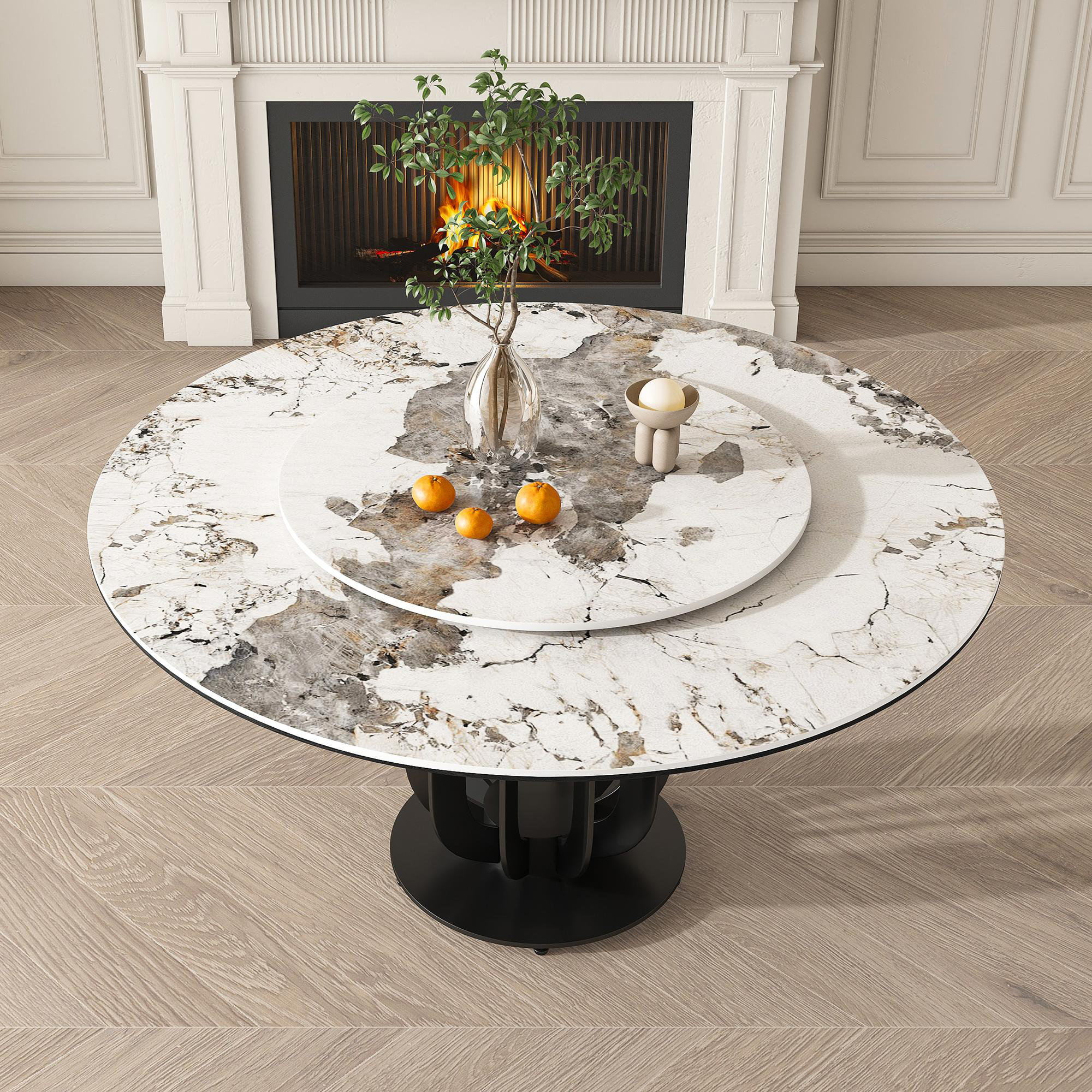 Orren Ellis 53" Round Sintered Stone Dining Table with Black Carbon ...