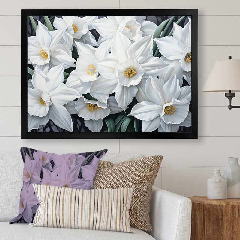 Minimalisme, jonquilles blanches I sur toile, H 12 po x l 20 po x P 1 po, Cadre simple noir