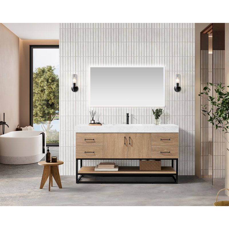 Ensemble de meuble-lavabo simple 60 po Alistair, Noir mat, Chêne naturel, Blanc
