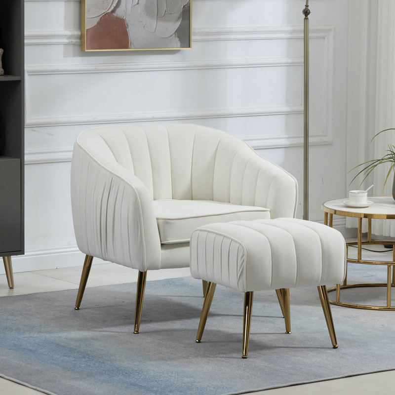 Accent Armchair with Ottoman, Beige Velvet
