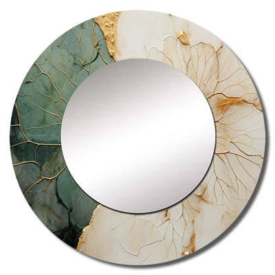 Green Gold Minimalism Poteries I - Abstract Spirals Decorative Wall Mirror, Modern Round Mirror, Printed Metal Art
