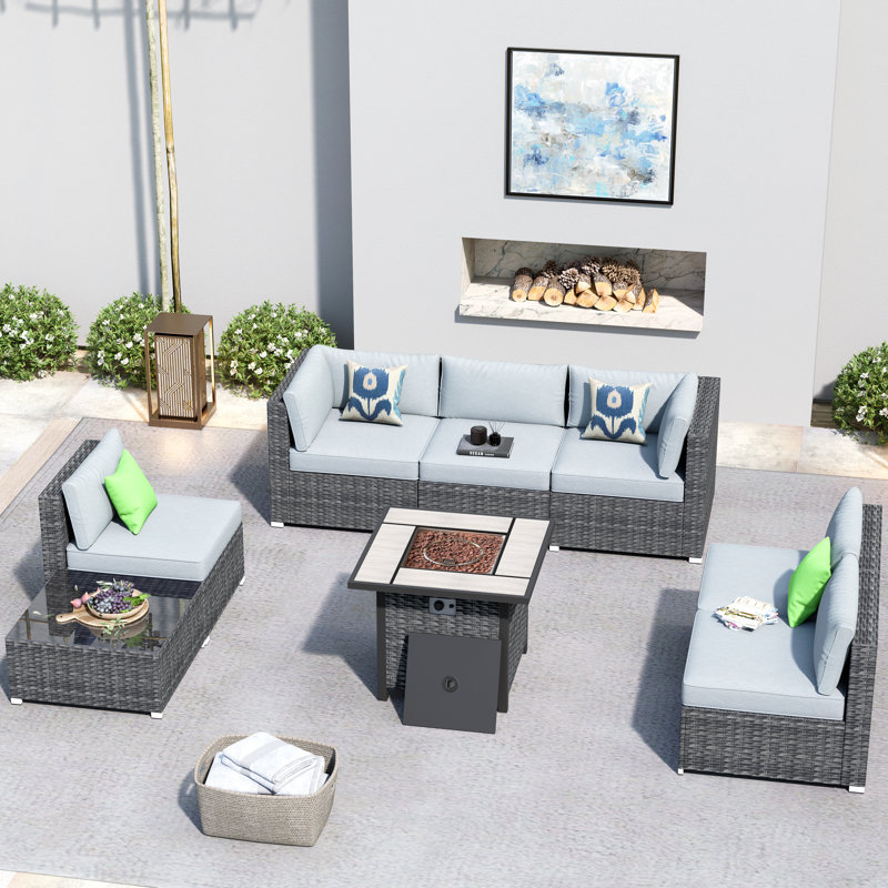 Ensemble de conversation modulaire de huit articles avec coussins, Bleu clair