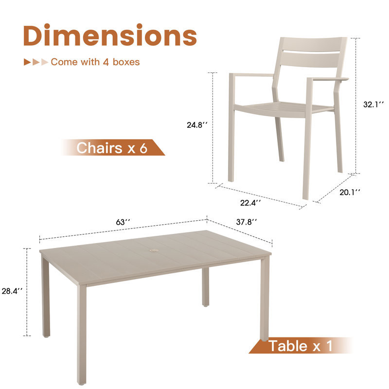 Rectangular Outdoor Dining Set wth 63" Metal Dining Table and 6 Armrest Dining Chairs, Cream/Cream