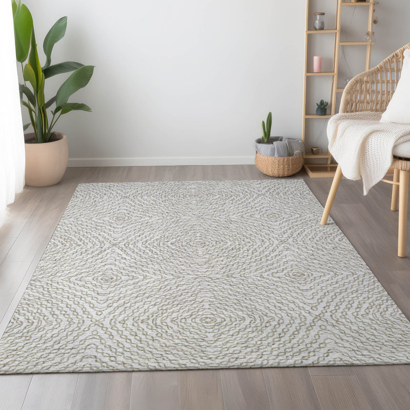 Premium Machine Washable Mayfield AMF74 Geometric Rug, 3' x 5', Linen