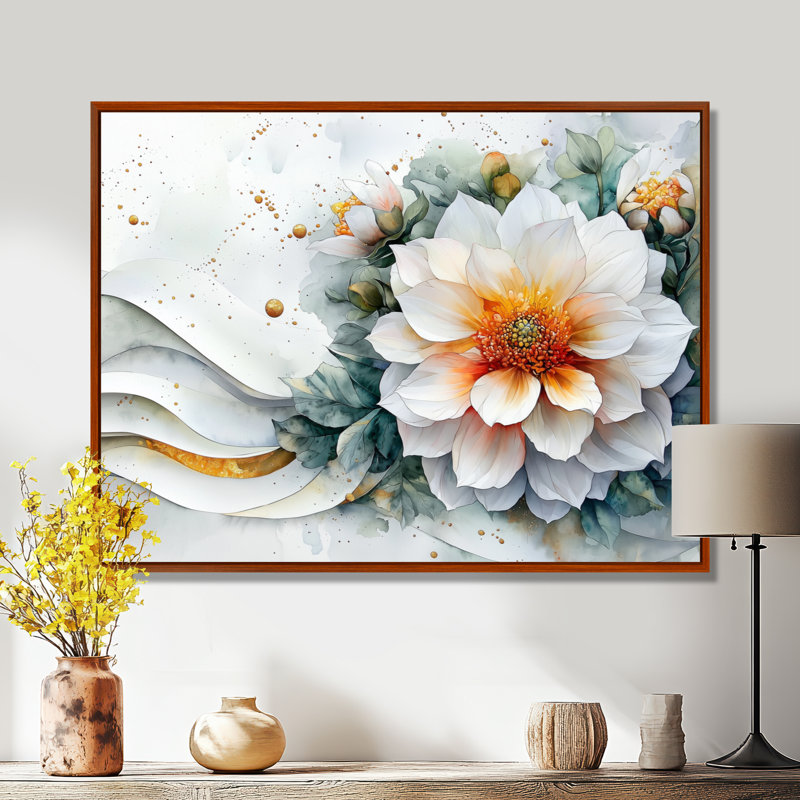 Modern Dahlia Spring Muse III - Dahlia, art mural encadré, H 30 po x l 40 po, Impression encadrée flottante, Brun