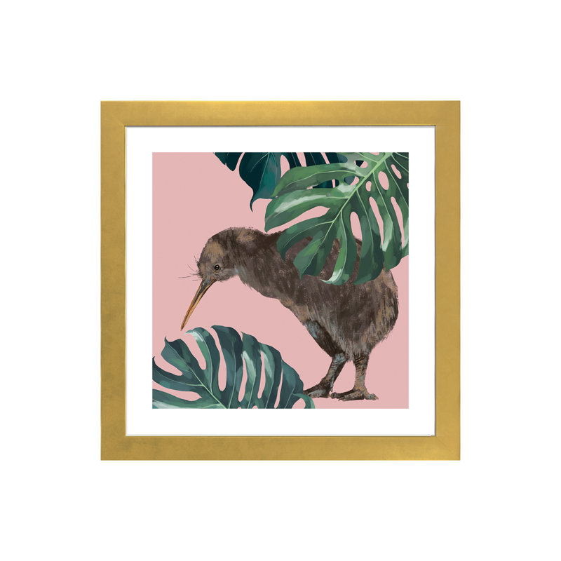 Kiwi oiseau avec monstera art, H 16 po x l 16 po x P 1 po, Papier encadré doré
