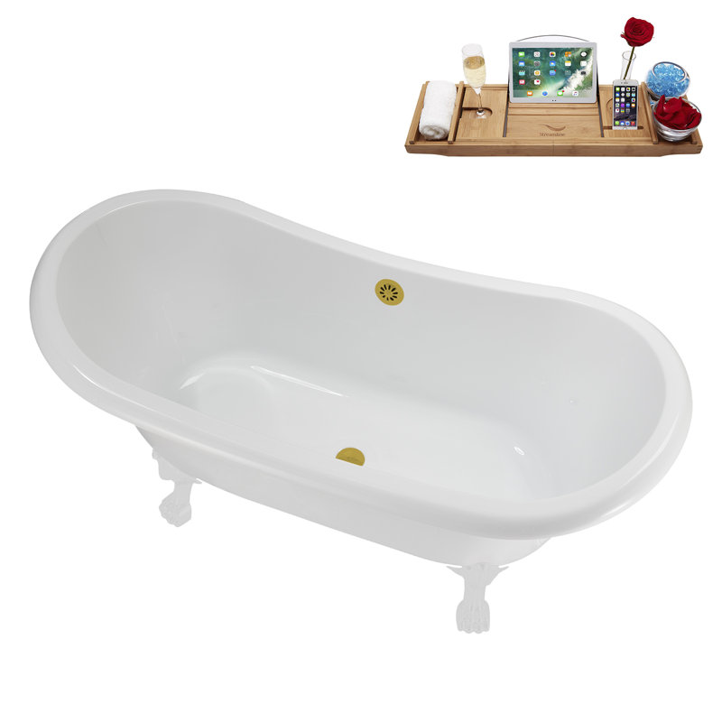 59" Streamline Clawfoot Tub,Tray,Drain, Clawfeet, Glossy White, Brushed Gold