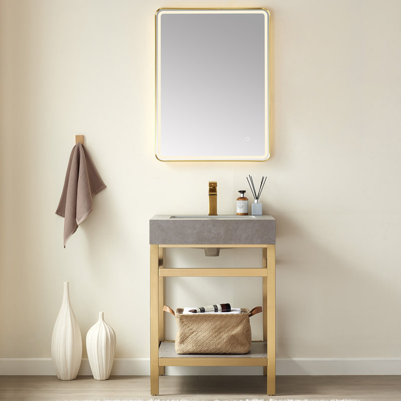 Ensemble de meuble-lavabo simple 24 po Funes, Or brossé, Or brossé, Dalle de pierre calcaire