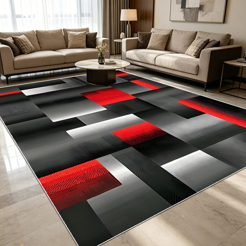 1PC 3D Metallic Geometric Abstract Black Red Silver Tone area rugs for Living Room, Soft and Comfortable, Suitable for all seasons, easy-to-maintain, machine washable Indoor floor mat, Under Table Farmhouse suitable for dining room, bedroom,