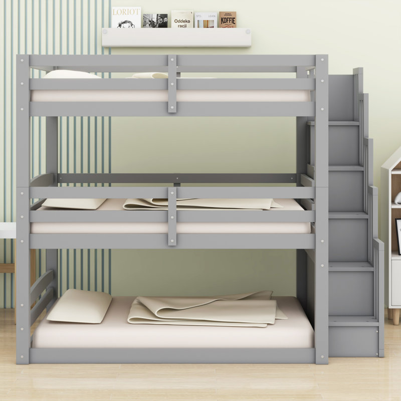 Lit superposé triple innovant avec rangement pour escalier intégré, Gris