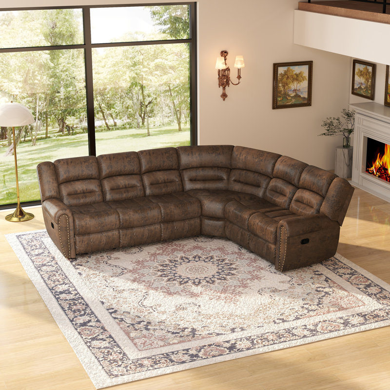 Mamata Classic and Overstuffed Soft Faux Leather Manual Reclining Corner Sectional, Brown Performance Faux Leather