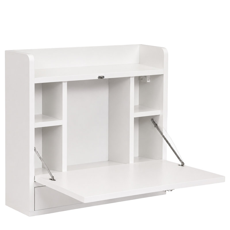 Basicwise Wall Mounted Folding Desk with Storage Shelves - Floating Table with Drawers, Space Saving for Small Spaces, 23.75 x 6.75 x 23 in, White for Home Office, Bedroom, Study, Dorm Room