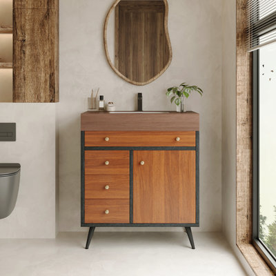 Meuble-lavabo autoportant moderne Mid-Century avec lavabo en céramique et plateau en pierre frittée
