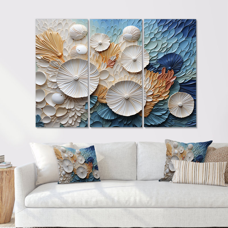 «Coastal Seashell Tranquility I» - ensemble d'art sur toile coquillage, H 32 po x l 48 po x P 1 po