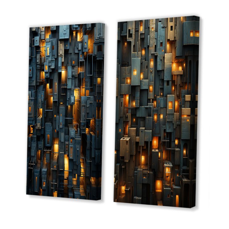 «Copper Canyons Skycrapers Cityscape», ensemble de 2 reproductions d'art mural abstrait, Toile tendue, H 40 po x l 41 po