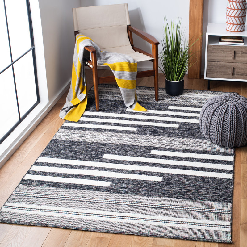 Ponty Hand Woven Cotton/Wool Striped Rug in Black, Square 7'