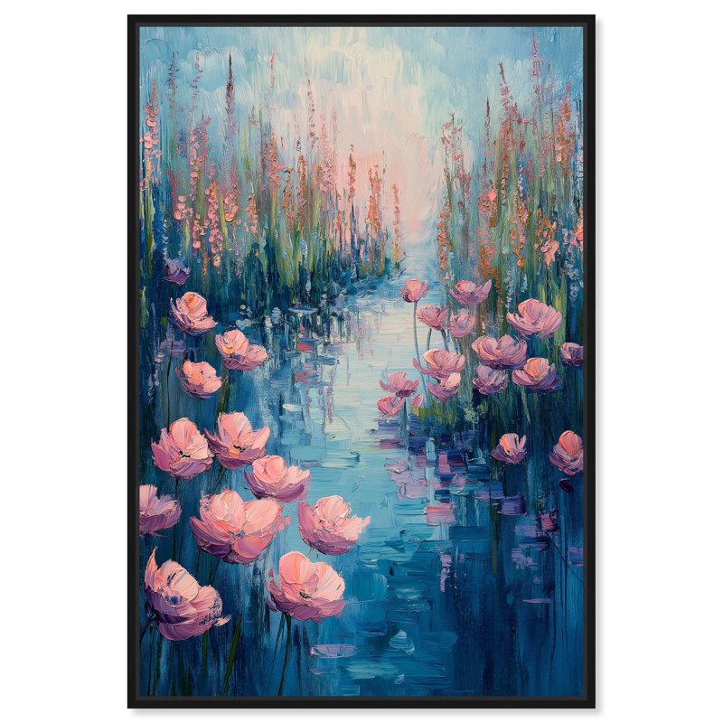«Blooming Reflection Canvas Monet Coastal» par Art Remedy, Cadre flottant noir, H 55 po x l 37 po