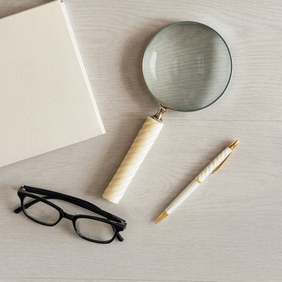 Magnifying Glass Sculpture With Ridged Handle For Home Decor -  Decorative Object For Office, Shelf, Or Living Room Decoration - 9", Ivory