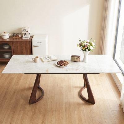 63" to 94.5" Extendable Sintered Stone Breakroom Tables with Solid Dark Walnut Wood Base (Seats 4 to 10)