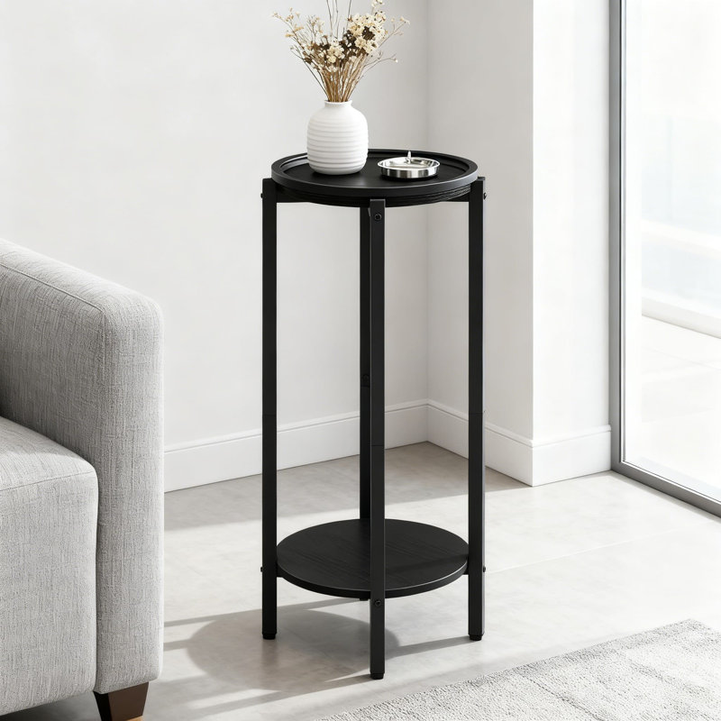 Table d'appoint ronde avec garde-corps anti-déversement, conception à piédestal mince à deux niveaux pour le salon et la chambre à coucher, table d'appoint facile à assembler