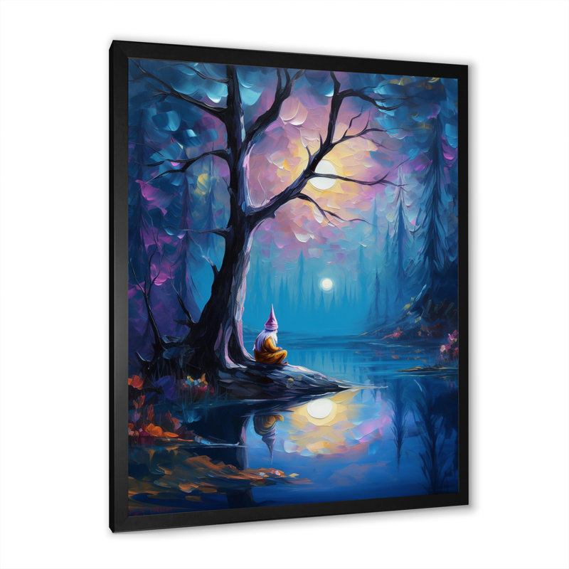 Gnome méditant en pleine lune, forêt magique sur toile, H 20 po x l 12 po x P 1 po, Cadre photo noir