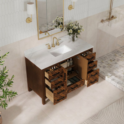 48" Fully Assembled Bathroom Vanity with Built-in Outlet, 7 Drawers & Engineered Stone Top
