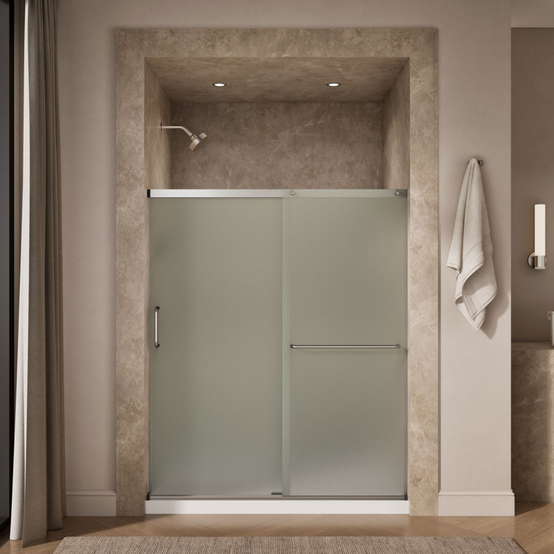 Elate Sliding Shower Door, 70-1/2-In H X 56-1/4 - 59-5/8-In W, With 1/4-In Thick Crystal Clear Glass, Nickel/Frosted