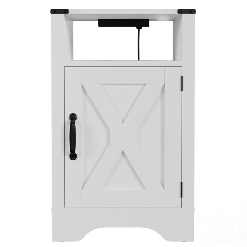 Table de chevet Farmhouse, table de bout rustique en bois avec station de charge certifiée UL et beaucoup de rangement, Blanc