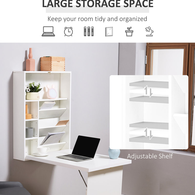 Wall Mounted Foldable Desk In White For Home Office. With Storage Shelf, Space & , Ideal Computer, Writing And More Office White. Fold Out Convertible With , Suits Various Needs