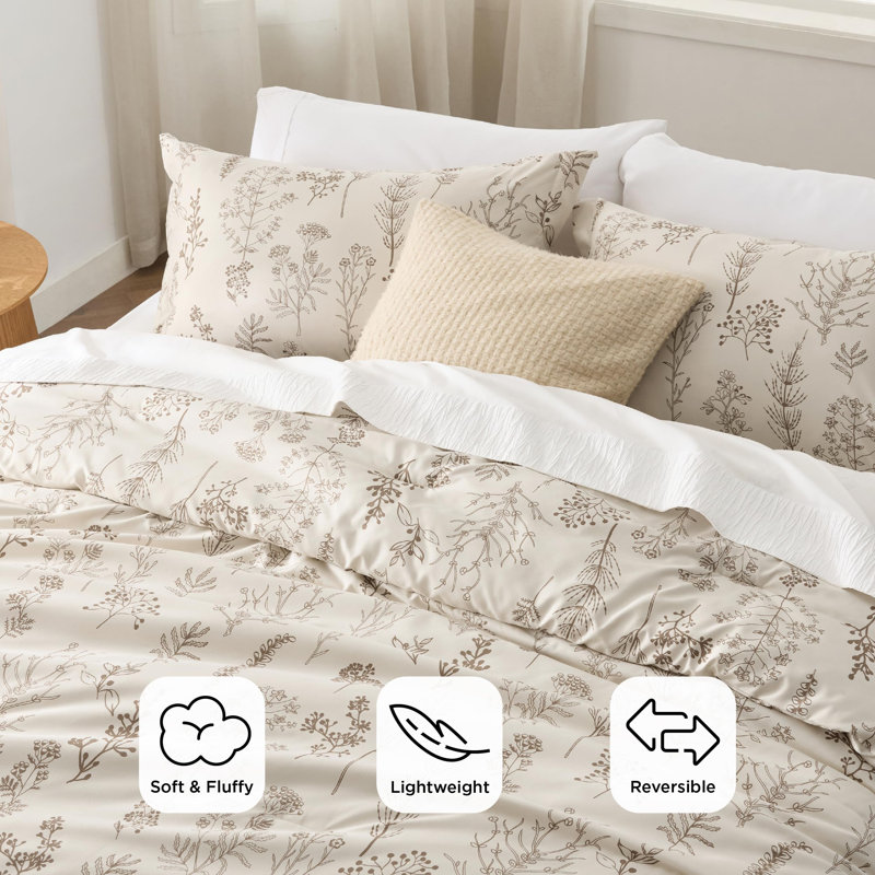 Bedsure Twin Comforter Set – 2-Piece Beige Botanical Floral Bedding, Reversible Soft Comforter with 1 Pillow Sham, Perfect for Spring Refresh & Cozy Bedroom Decor