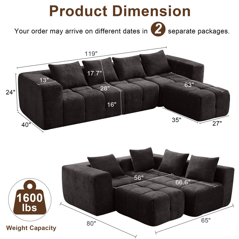 Canapé modulaire en chenille nuage, modulaire 3 pièces en forme de L avec repose-pieds, sans assemblage, Gris chenille