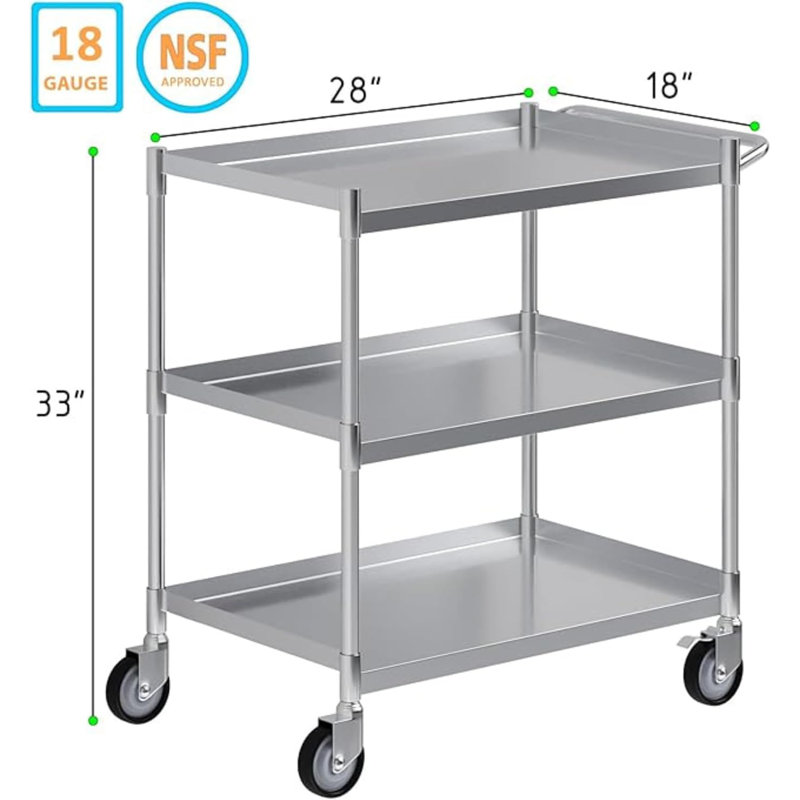 Chariot utilitaire tubulaire en acier inoxydable à 3 tablettes, chariot utilitaire en métal sur roulettes avec poignée