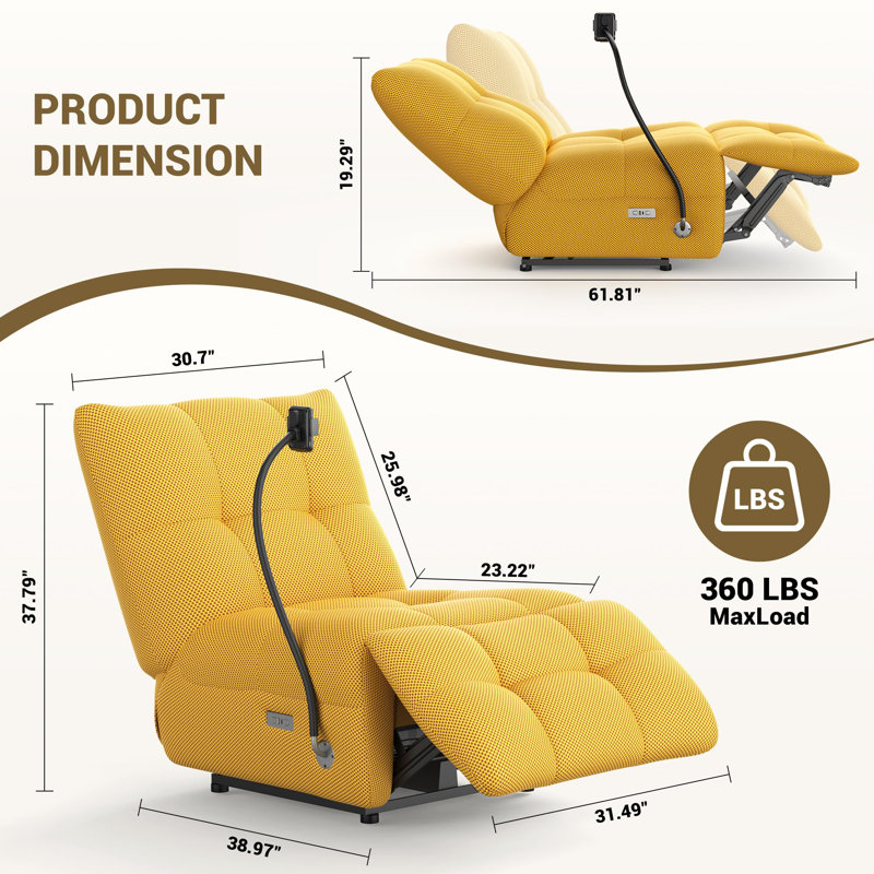 Power Recliner Chair With Wireless Charging - Electric Lift Recliner For Adults, 360lb Heavy Duty, Breathable 3d Mesh, Usb/type-c, Armless Design For Small Spaces, Home Theater & Elderly(yellow)