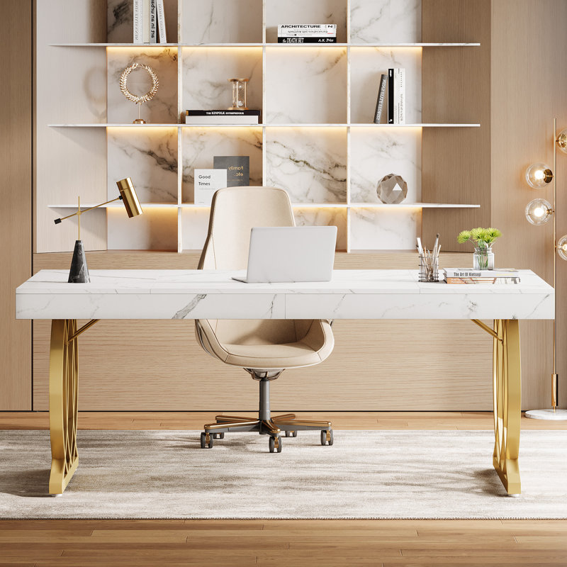 Metal Base Executive Desk, White/Gold