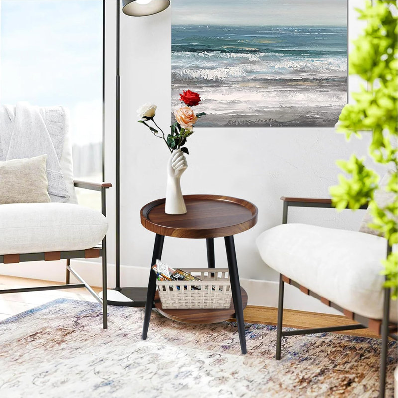 Round Side Table With 2-Tier Storage, Wooden End Table For Living Room With Metal Frame, Compact And Stylish Design