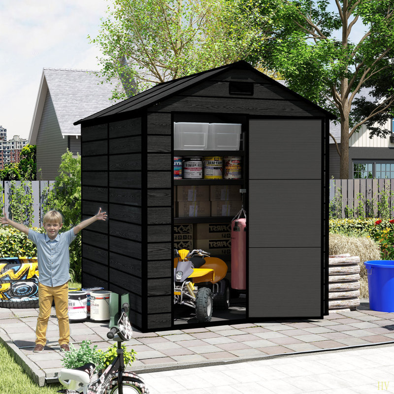 Remise de rangement en résine 6 * 6Ft, matériau PP de haute qualité, structure solide, imperméable, résistante à la rouille et aux rayons UV, grand espace de rangement, panneau de panneau de particules épais de 12 mm, éclairage de fenêtre HD