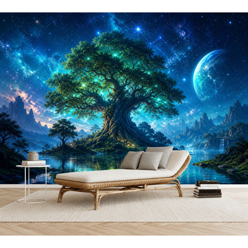 Papier peint adhésif autocollant Mystical Tree Glowing Foliage Under Starry Night Sky Fantasy Landscape, L 69 po x l 96 po