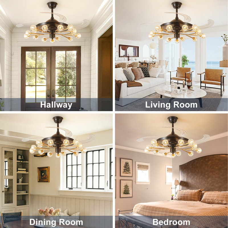 48" Gold Black Retractable Ceiling Fan with Crystal Lights, Modern Sputnik Luxury Fandelier with Remote for Living Room Bedroom(Excl. bulb)