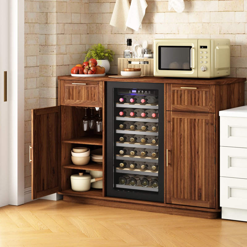 Fluted Mini Fridge Cabinet With Power Station & Stemware Rack – 38.8" Tall Buffet Sideboard Table With Storage Drawer, Bar Cabinet For Living Room