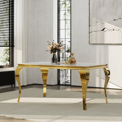 Table de salle à manger de luxe en verre doré et blanc de 63 po avec base en acier inoxydable poli