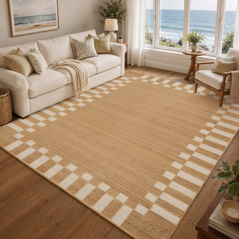 Fifth Avenue Check Border Rug, Spruce Yellow,Off-White,Beige, Rectangle 200 x 275 cm