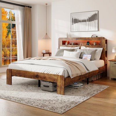 Cadre de lit très grand, cadre de lit plateforme en bois avec tête de lit à DEL avec rangement et 2 ports USB, silencieux, aucun sommier nécessaire et outil d'assemblage facile, grand rangement sous le lit, brun foncé