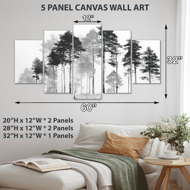«Black and White Tall Pine Tree Forest», art sur toile, art mural nature 5 pièces
